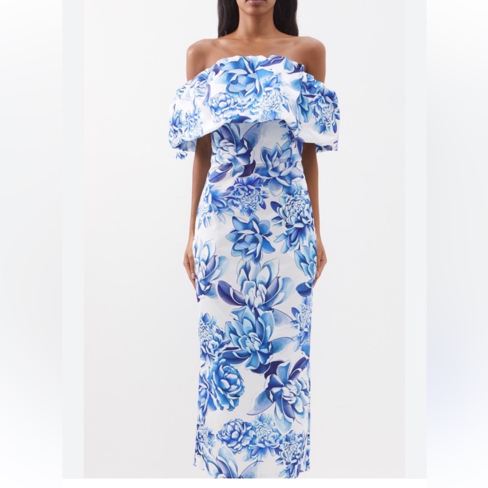 Kika Vargas Floral Print Off-Shoulder Bustier Sheath Midi Dress Blue size Large